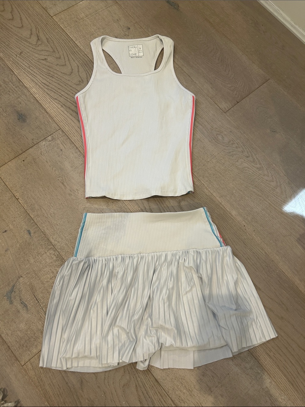 Lucky in love tennis pickleball padel Tank and Skirt Set with Pink & Blue Trim